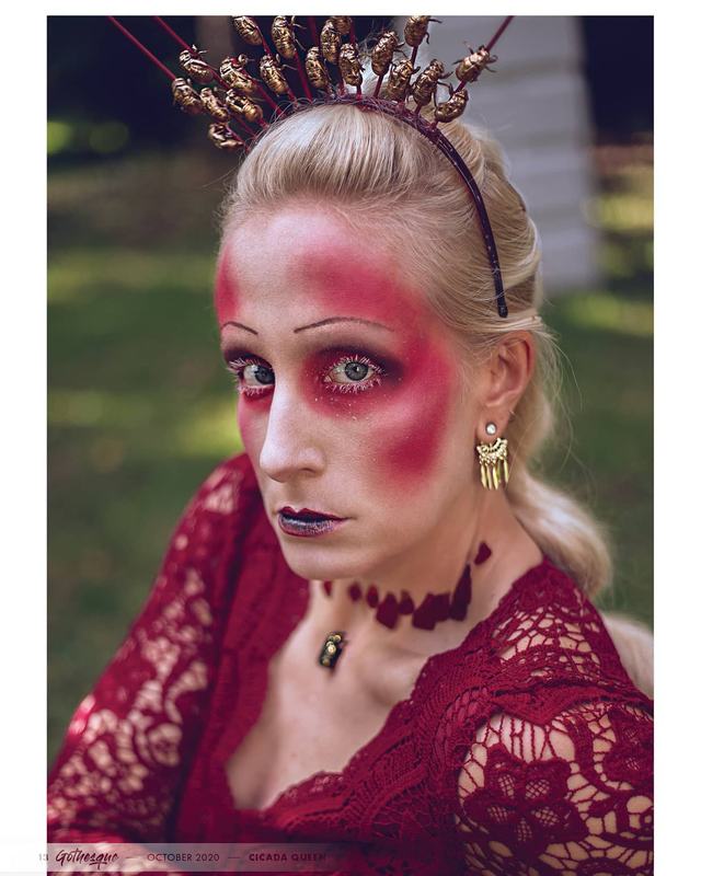 Cicada Queen portrait: crimson wash across the eyes and a golden crown