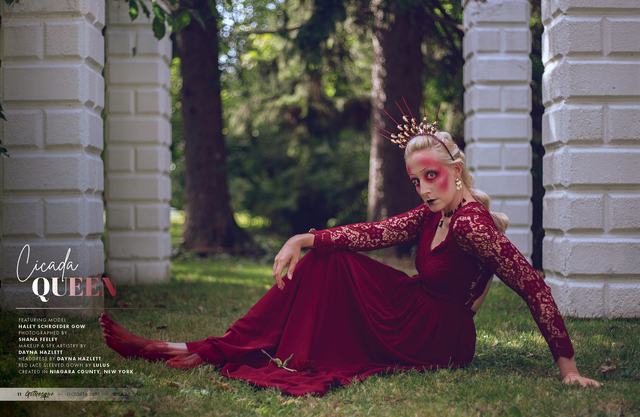 Cicada Queen spread: model in a red gown among white columns
