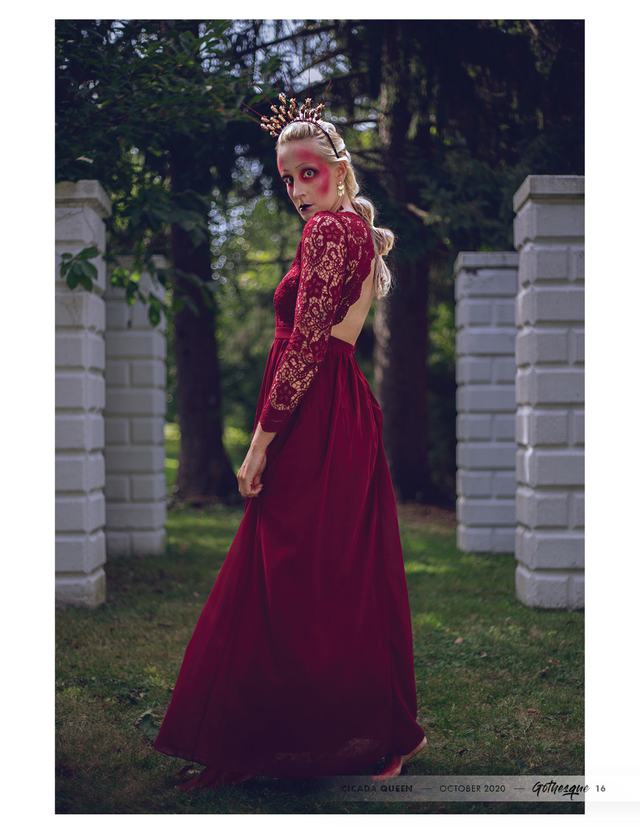 Cicada Queen: full-length red lace gown and crown