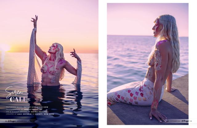 Dark Water spread: figure rising from the lake at sunset