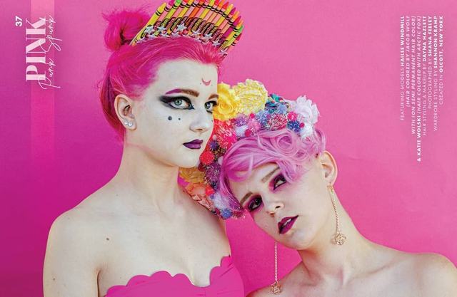 DYE magazine Pink issue spread: two models in pink with candy-coloured headdresses