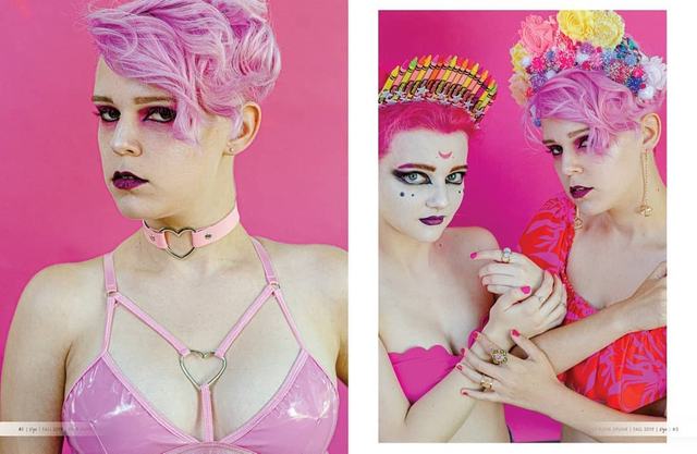 DYE magazine Pink issue: white face with a crescent moon and spider
