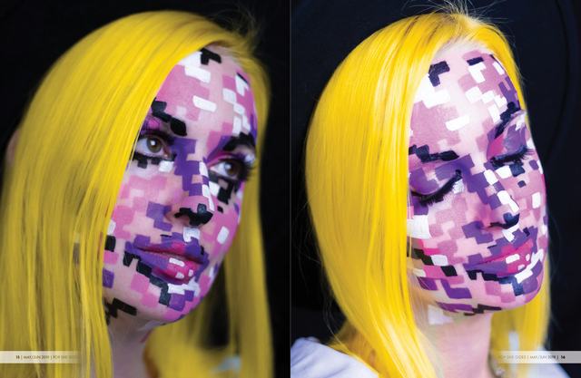 DYE magazine spread: pixel-pattern faces under yellow wigs
