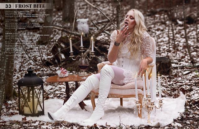 Frost Bite spread: white-booted model on a chair in a snowy wood