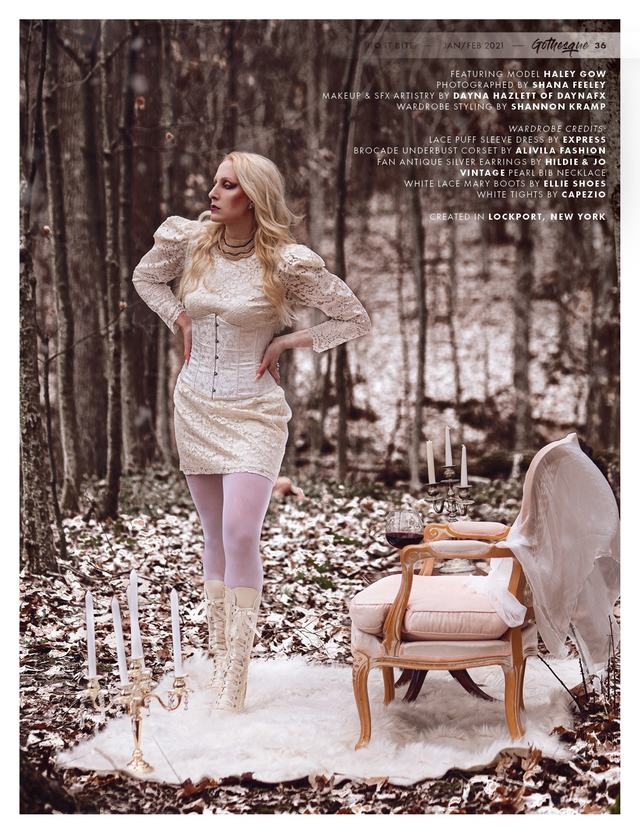 Frost Bite: white corset and boots in a snowy wood