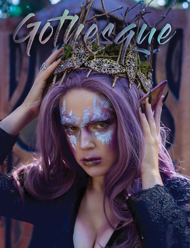 Gothesque back cover: model in a crown with glittering face paint