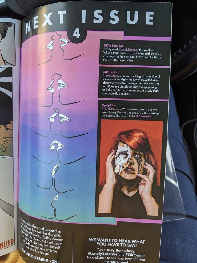 Page of the Lonely Receiver comic showing the body-painted cover recreation