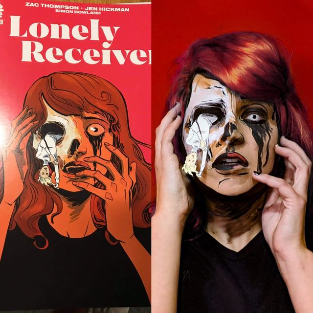 Half-face recreation of the Lonely Receiver comic cover, skin peeling away like paper