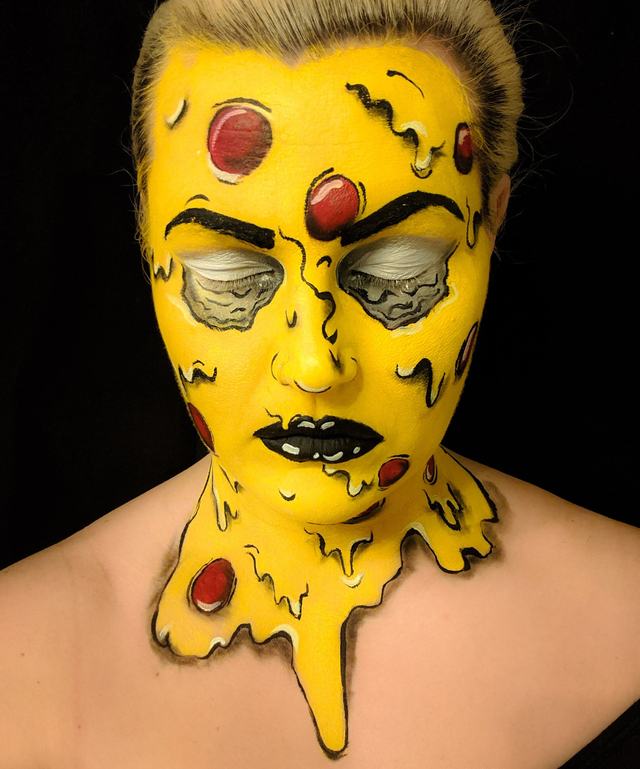 Yellow cartoon face melting down the neck, with drooping eyes