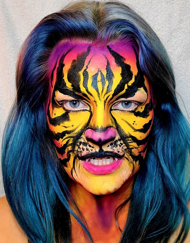 Full-face tiger painting in yellow, magenta and black