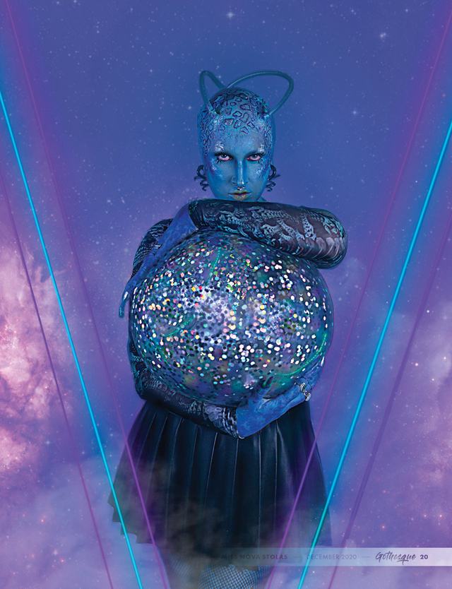 Blue-skinned figure cradling a glittering orb, Gothesque page