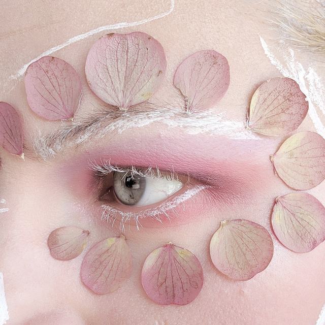 Close-up of a pink-shadowed eye framed by a ring of dried petals