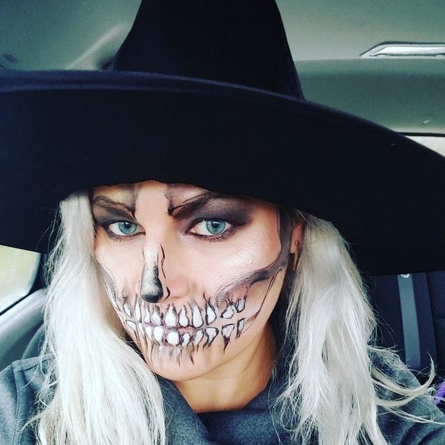 Skull face under a black witch hat